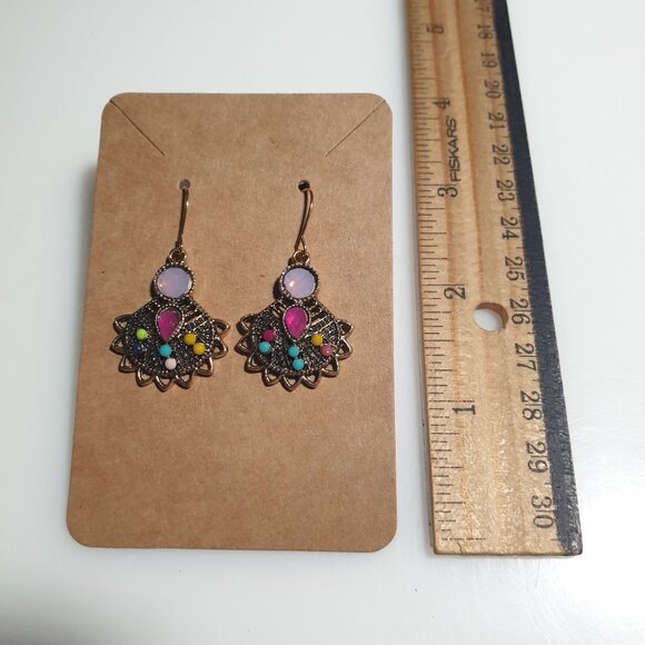 Bohemian Inspired Gold Hook Earrings Multicolor Acrylic Gem Women Lightweight - Picture 3 of 4